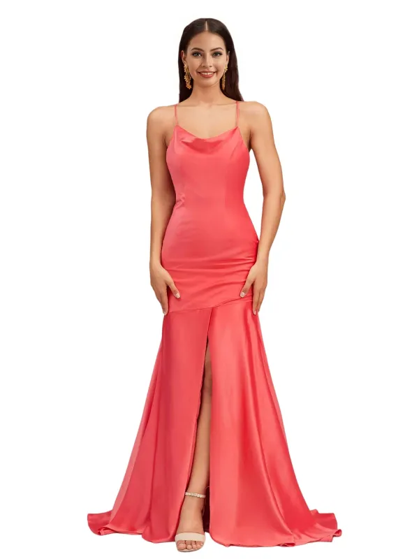 Elegant Spaghetti Straps Slit Mermaid Soft Satin Long Bridesmaid Dresses Online sold by ChicSew