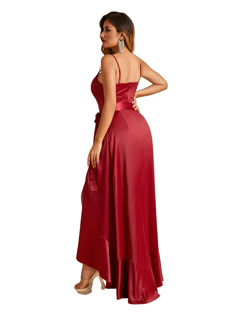Sexy V-Neck Spaghetti Straps A-Line High Low Soft Satin Long Bridesmaid Dresses sold by ChicSew product image thumbnail 4
