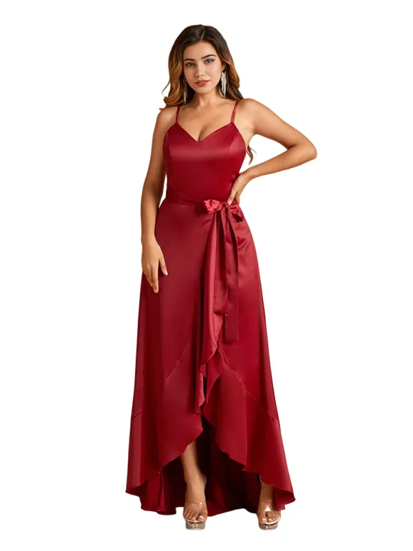 Sexy V-Neck Spaghetti Straps A-Line High Low Soft Satin Long Bridesmaid Dresses sold by ChicSew