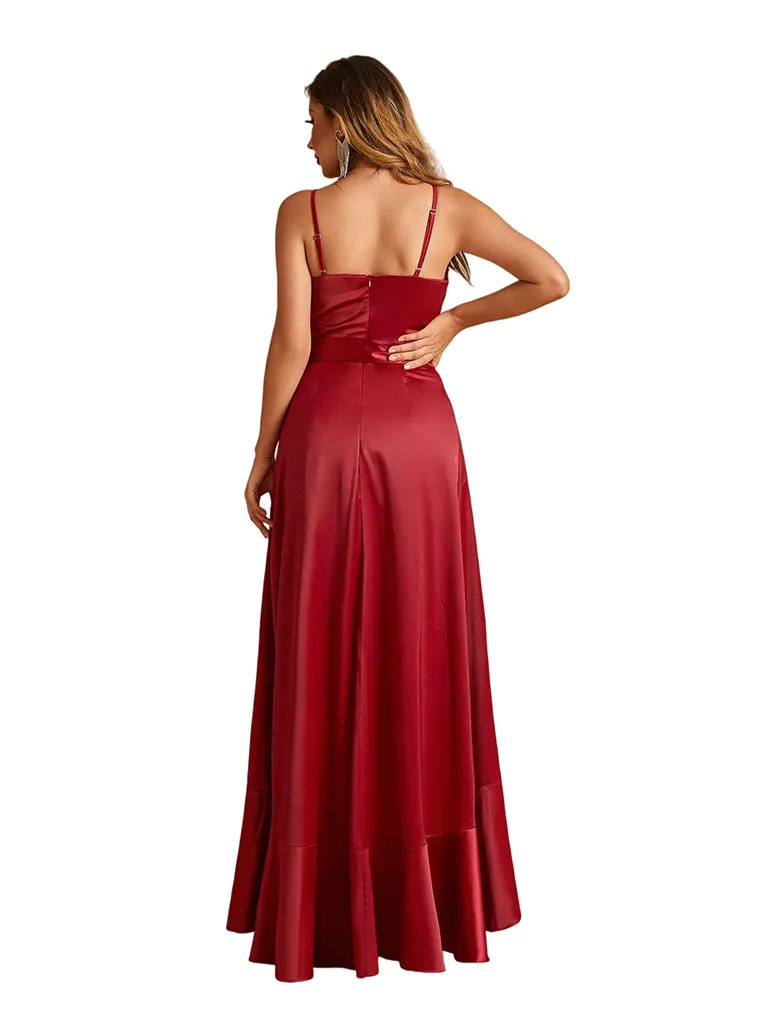 Sexy V-Neck Spaghetti Straps A-Line High Low Soft Satin Long Bridesmaid Dresses sold by ChicSew product image thumbnail 3
