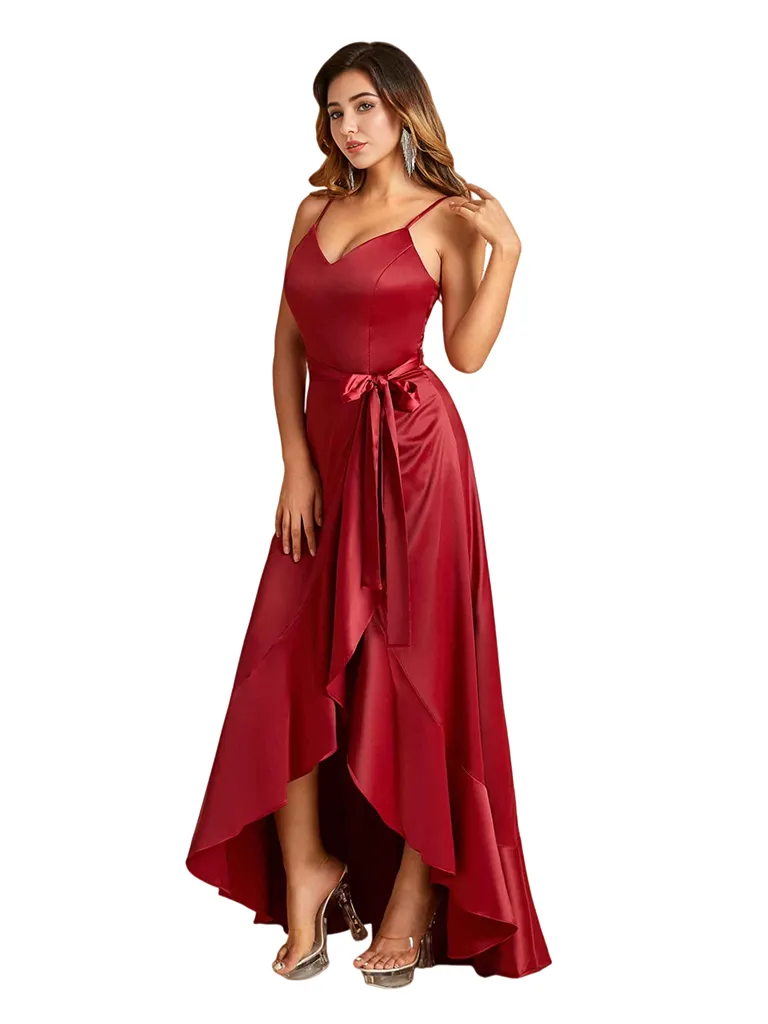 Sexy V-Neck Spaghetti Straps A-Line High Low Soft Satin Long Bridesmaid Dresses sold by ChicSew product image thumbnail 5