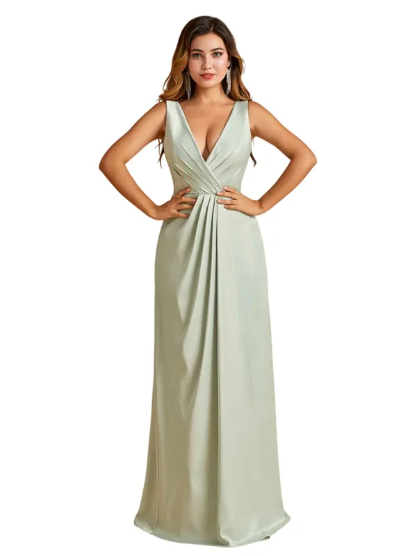 Sexy V-Neck Soft Satin Formal A-Line Long Bridesmaid Dresses Online sold by ChicSew