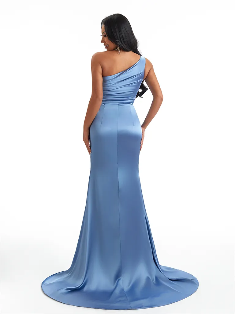Sexy Mermaid One Shoulder Side Slit Soft Satin Long Bridesmaid Dresses Online sold by ChicSew product image thumbnail 3