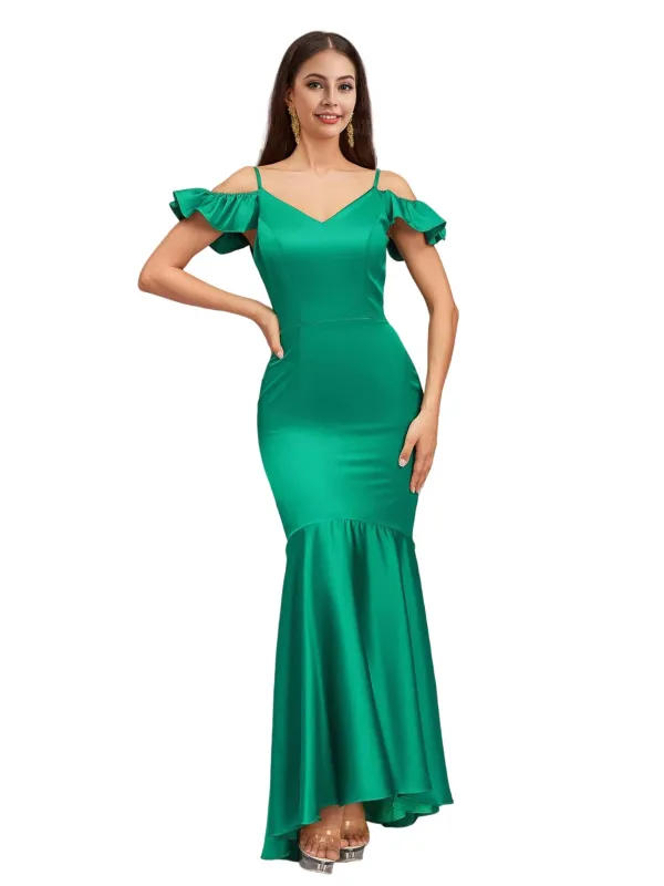Sexy Mermaid Cold Shoulder Soft Satin Beauty Long Bridesmaid Dresses sold by ChicSew