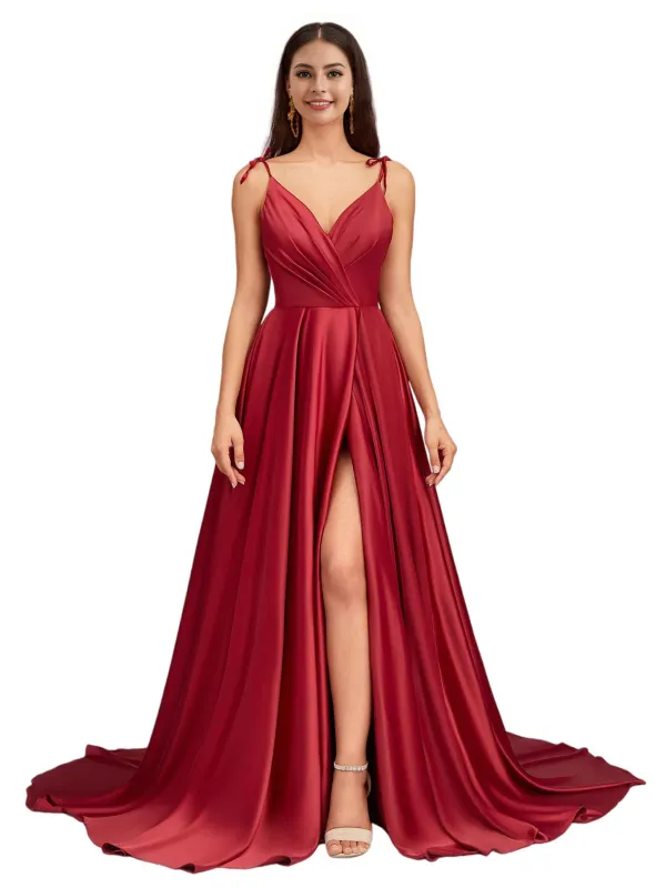Sexy V-Neck Spaghetti Straps A-Line Side Slit Soft Satin Formal Long Bridesmaid Dresses sold by ChicSew