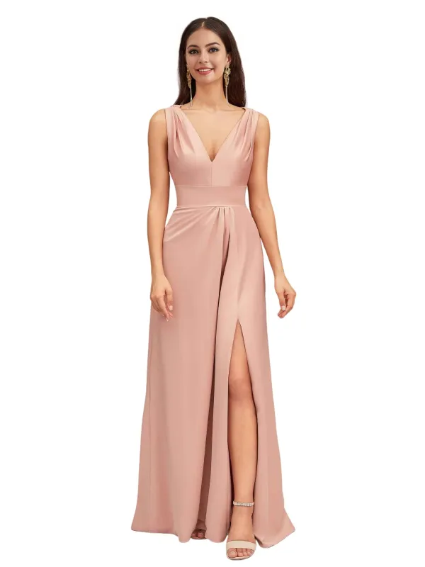 Sexy V-Neck A-Line Soft Satin Beauty Long Bridesmaid Dresses Online sold by ChicSew