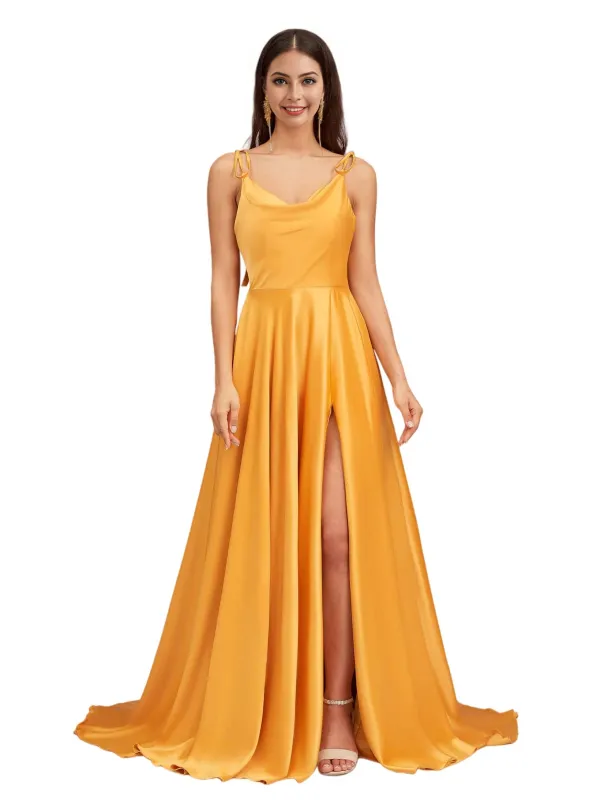 Sexy Side Slit Spaghetti Straps A-Line Soft Satin Pretty Long Bridesmaid Dresses sold by ChicSew