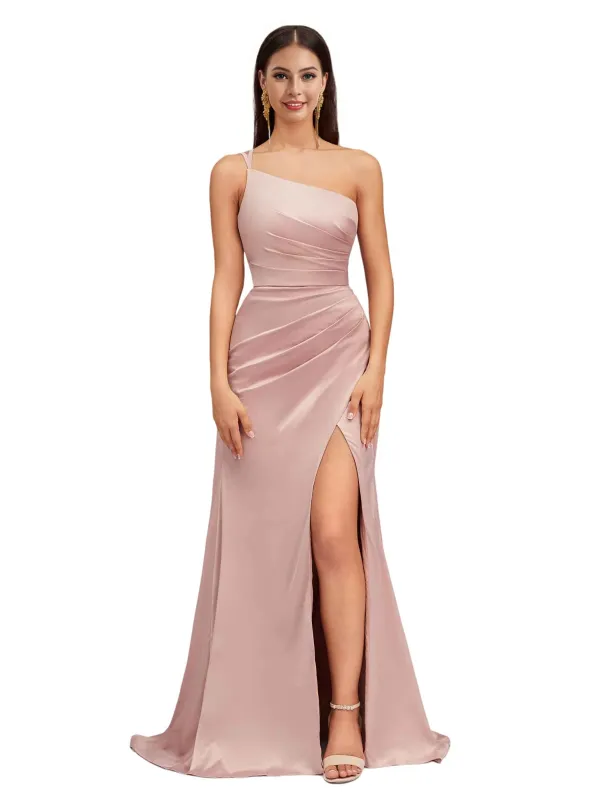 Elegant Mermaid One Shoulder Stretch Satin Side Slit Formal Long Bridesmaid Dresses sold by ChicSew