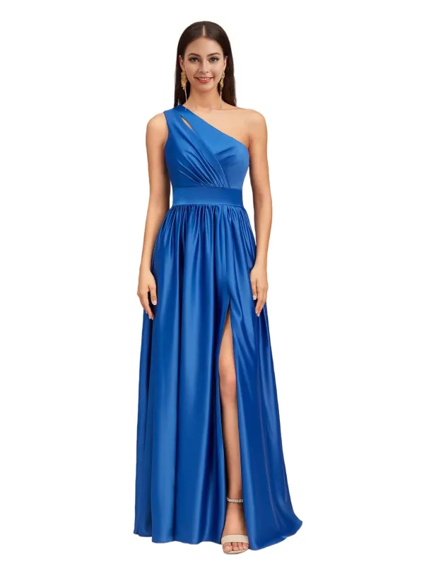 Elegant One Shoulder A-Line Side Slit Soft Satin Pretty Long Bridesmaid Dresses sold by ChicSew