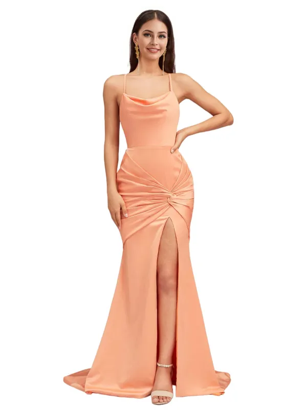 Sexy Mermaid Spaghetti Straps Side Slit Ruched Soft Satin Pretty Long Bridesmaid Dresses sold by ChicSew