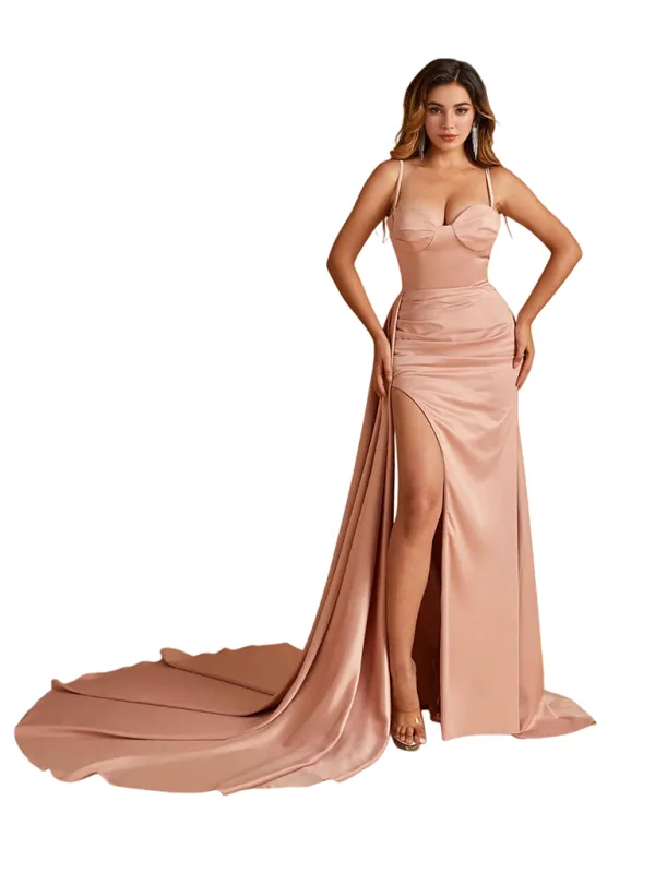 Sexy Spaghetti Straps Side Slit Mermaid Soft Satin Pretty Long Bridesmaid Dresses sold by ChicSew