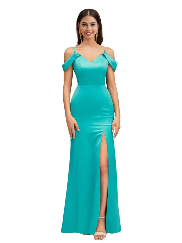 Sexy Cold Shoulder V-Neck Side Slit Mermaid Soft Satin Pretty Long Bridesmaid Dresses sold by ChicSew