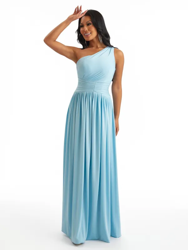 Sexy One Shoulder A-Line Stretchy Jersey Ruched Long Formal Bridesmaid Dresses sold by ChicSew
