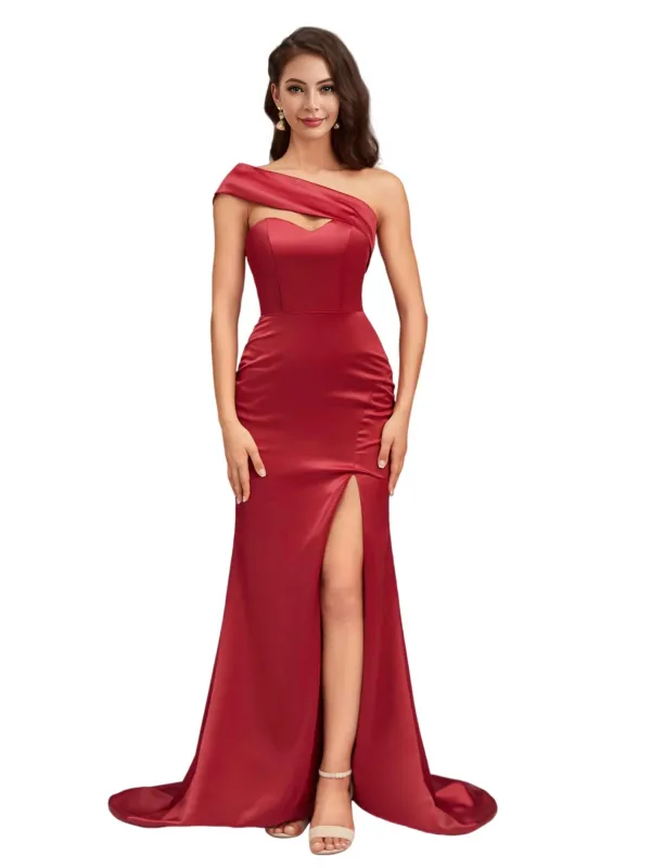 Sexy One Shoulder Mermaid Side Slit Chic Soft Satin Bridesmaid Dresses sold by ChicSew