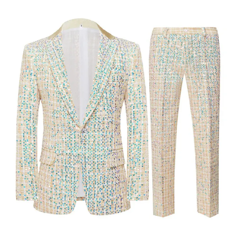Men's Fashion Champagne Linen Sequin Wedding Tuxedo 2-Piece Set CN452 made by ChicSew