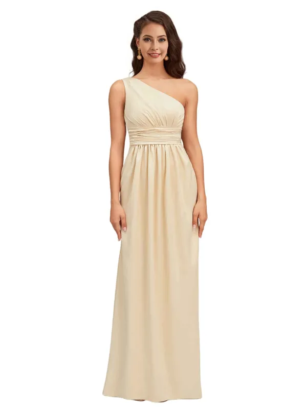 Elegant One Shoulder Soft Satin A-Line Long Bridesmaid Dresses sold by ChicSew