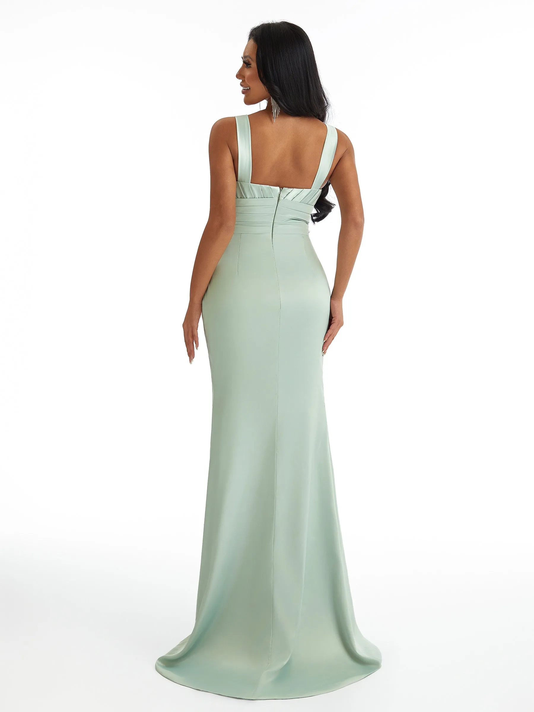 Sexy Mermaid Pleated Satin Unique Long Bridesmaid Dresses Online With Split sold by ChicSew product image thumbnail 3
