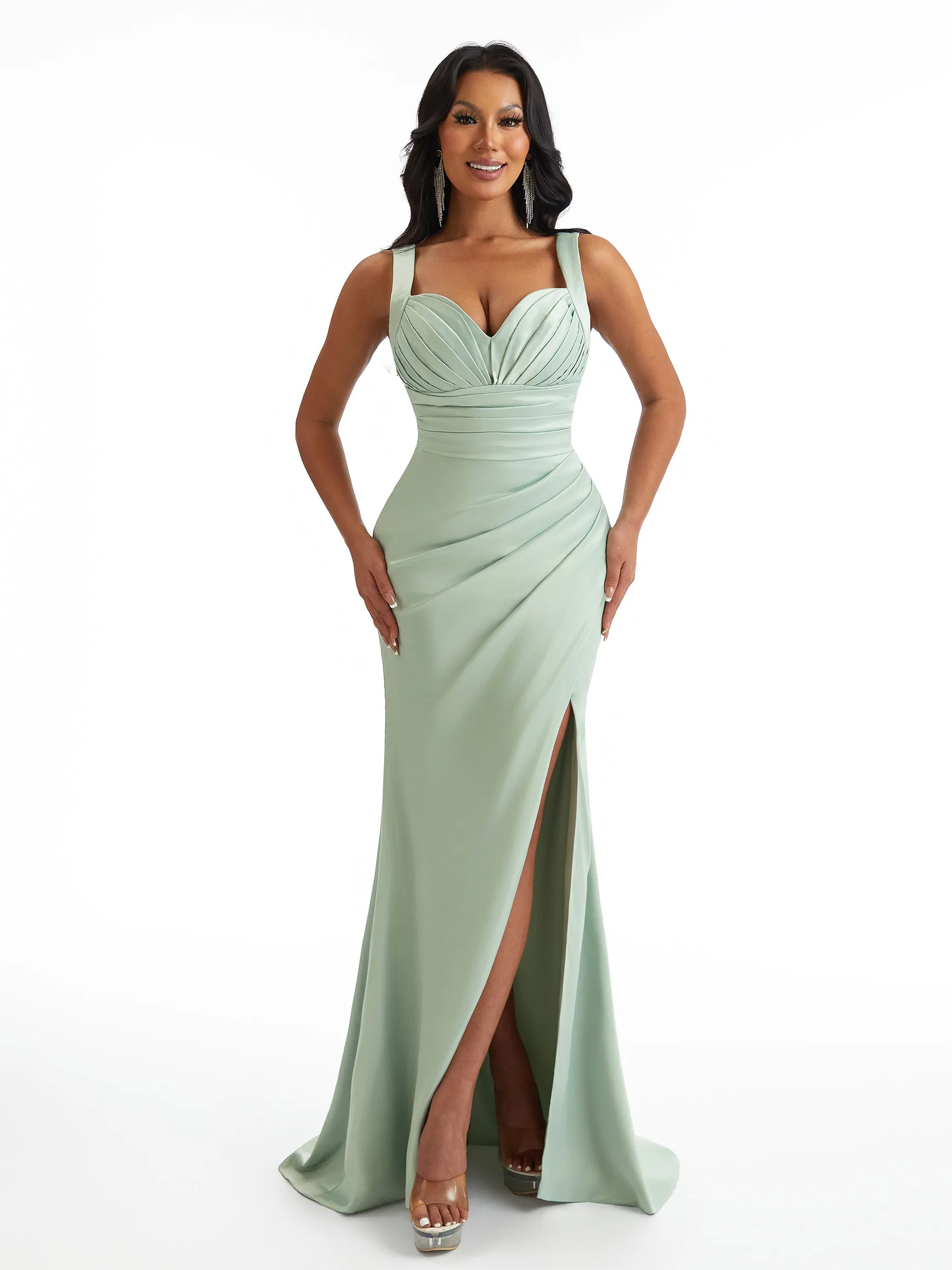 Sexy Mermaid Pleated Satin Unique Long Bridesmaid Dresses Online With Split sold by ChicSew