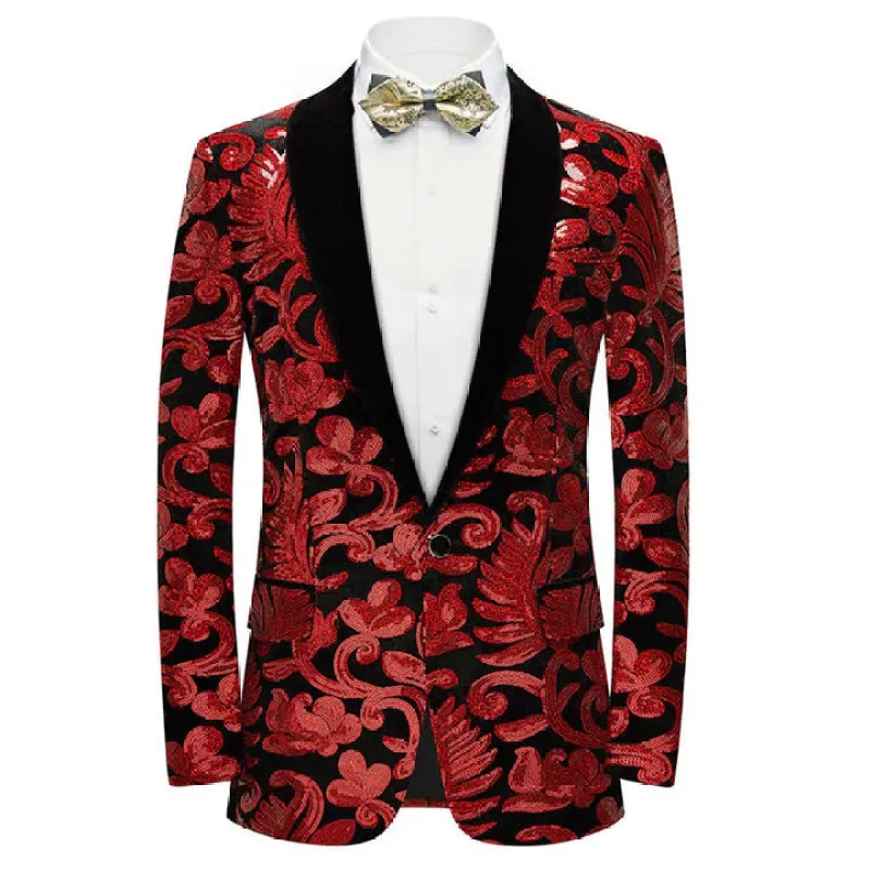 Men's Fashion Floral Tuxedo Velvet Sequin Jacket Red CN447 sold by ChicSew
