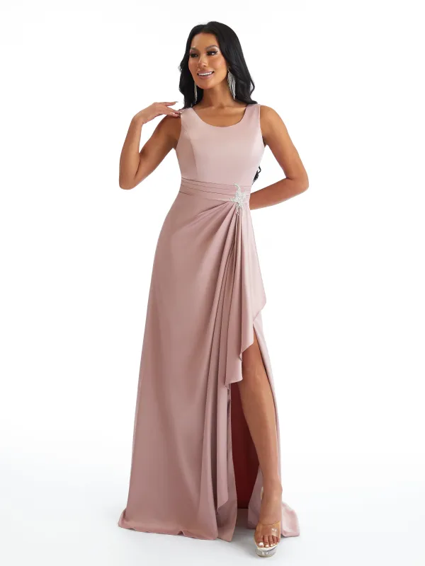 Elegant Scoop Side Slit Lace Applique A-Line Pleated Satin Pretty Long Bridesmaid Dresses sold by ChicSew