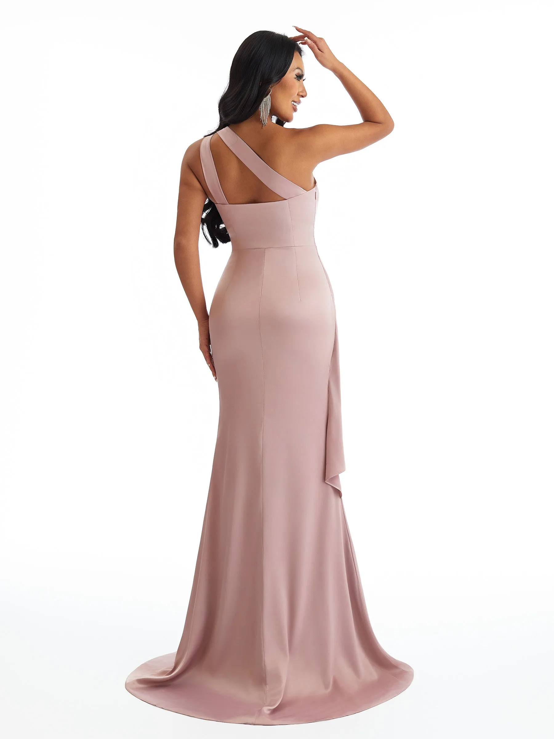 Elegant One Shoulder Side Slit Mermaid Soft Satin Long Bridesmaid Dresses sold by ChicSew product image thumbnail 3