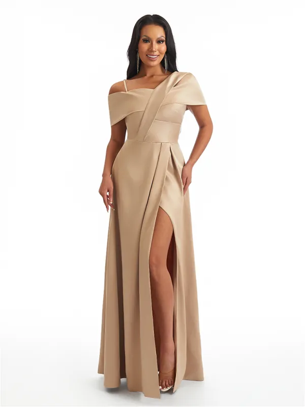 Unique Asymmetrical Neck Side Split A-line Soft Satin Long Bridesmaid Dresses sold by ChicSew