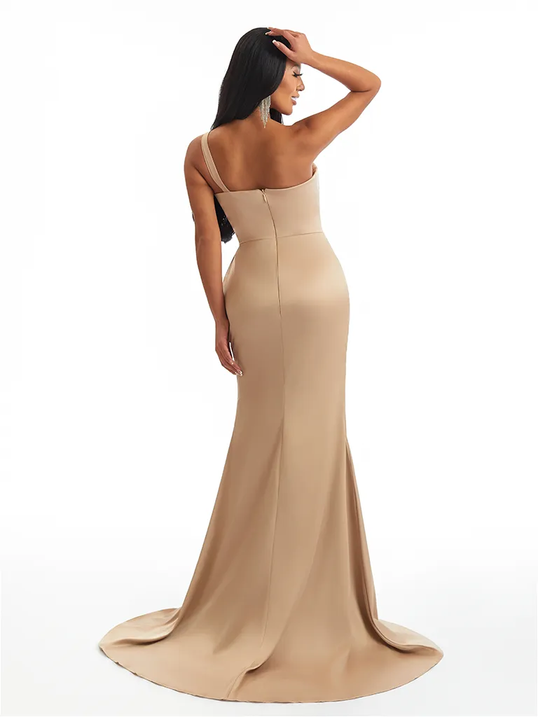 Sexy One Shoulder Side Slit Mermaid Soft Satin Twisted Knot Long Bridesmaid Dresses sold by ChicSew product image thumbnail 3