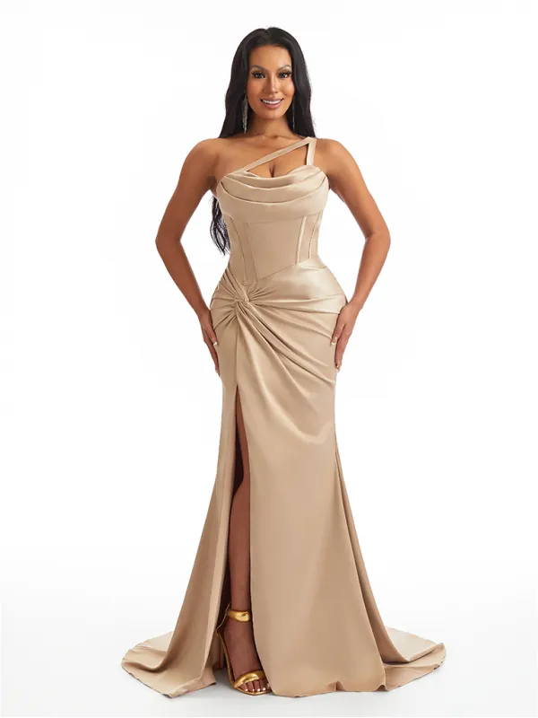 Sexy One Shoulder Side Slit Mermaid Soft Satin Twisted Knot Long Bridesmaid Dresses sold by ChicSew