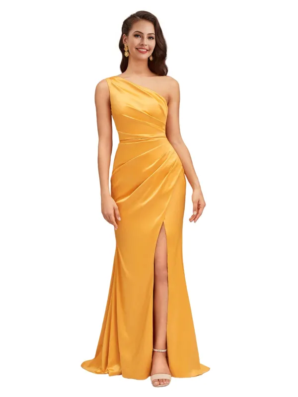 Sexy Mermaid One Shoulder Side Slit Beauty Long Soft Satin Bridesmaid Dresses Online sold by ChicSew