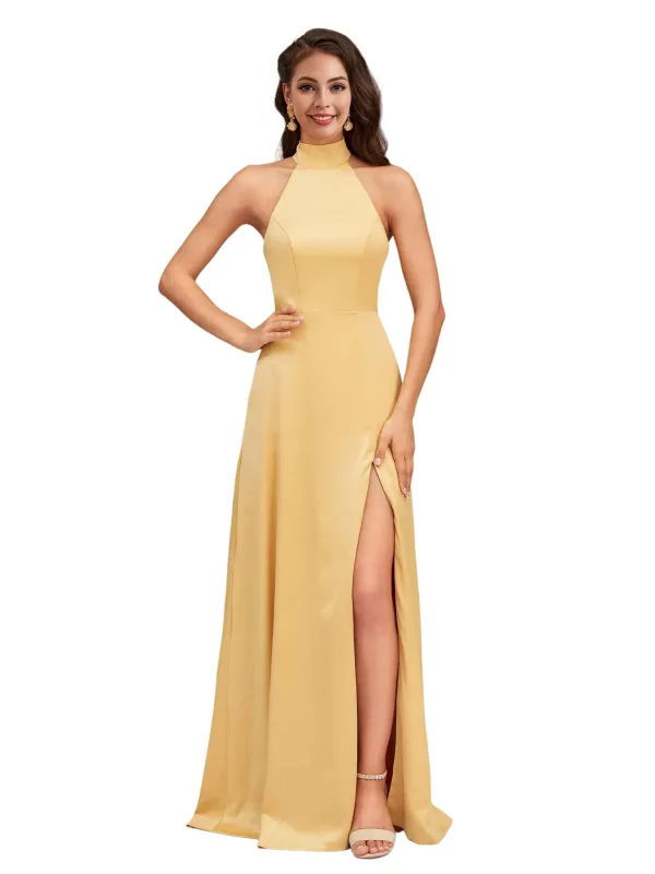 Elegant High Neck Side Slit Soft Satin A-Line Unique Long Bridesmaid Dresses sold by ChicSew