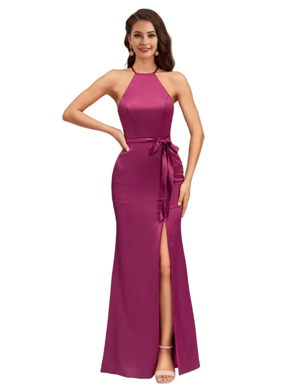 Sexy Halter Soft Satin Mermaid Side Slit Long Bridesmaid Dresses Online sold by ChicSew