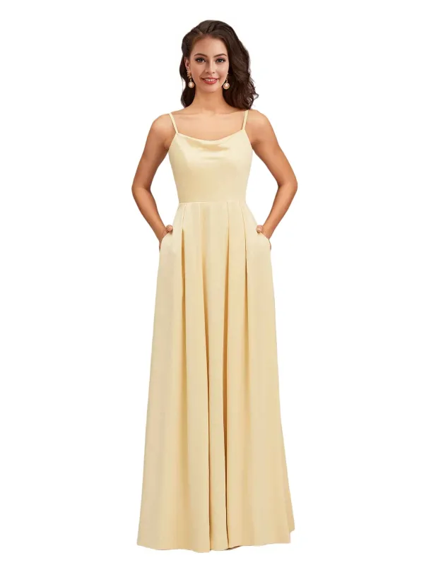 Elegant Spaghetti Straps Sleeveless Soft Satin A-Line Bridesmaid Dresses With Pocket sold by ChicSew