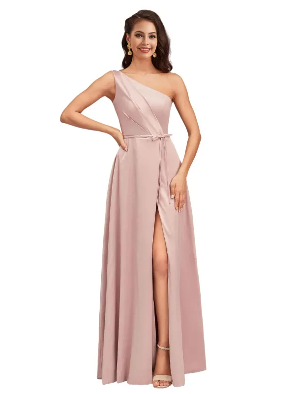Elegant One Shoulder Side Slit Soft Satin A-Line Long Bridesmaid Dresses Online sold by ChicSew
