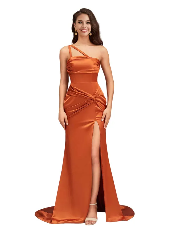 Sexy Side Slit One Shoulder Mermaid Long Soft Satin Bridesmaid Dresses sold by ChicSew