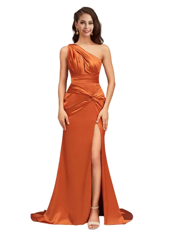 Sexy Mermaid One Shoulder Side Slit Beauty Long Soft Satin Bridesmaid Dresses Online sold by ChicSew