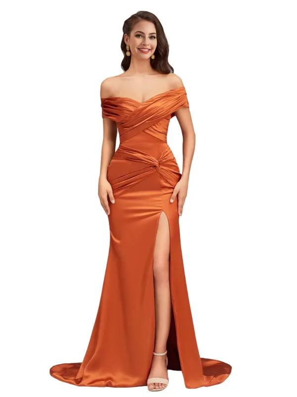 Sexy Side Slit Mermaid Off The Shoulder Soft Satin Unique Long Bridesmaid Dresses Online sold by ChicSew