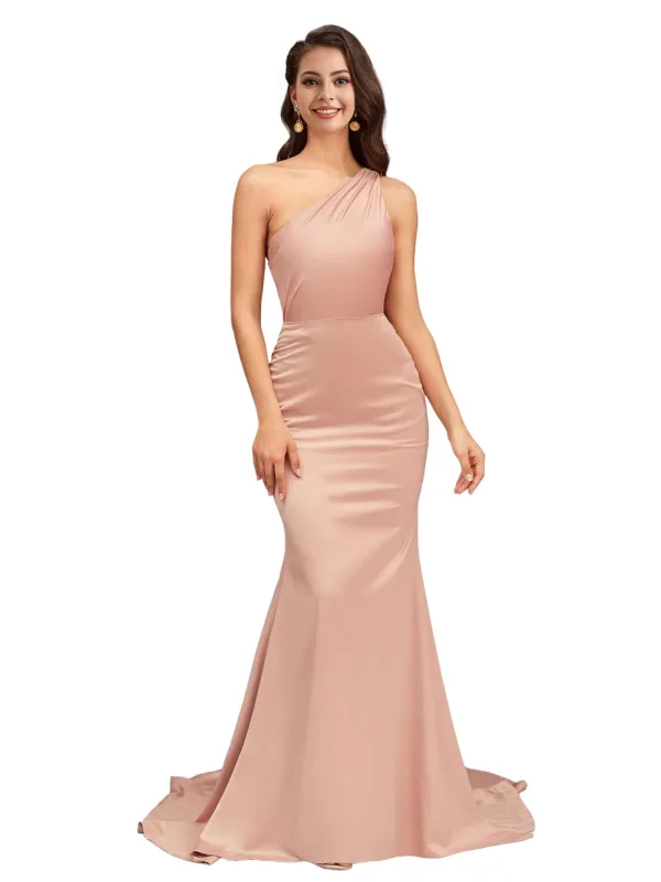 Sexy One Shoulder Soft Satin Open Back Mermaid Long Bridesmaid Dresses Online sold by ChicSew