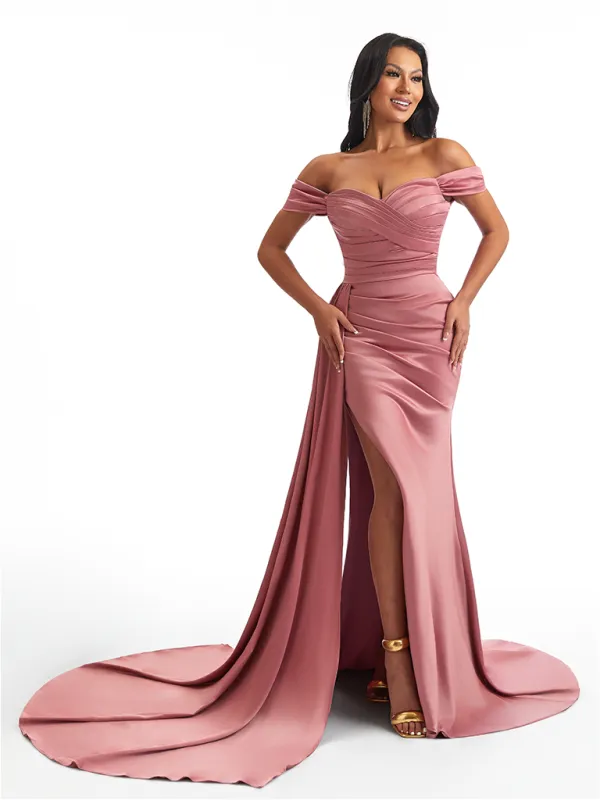 Sexy Off Shoulder Side Split Mermaid Soft Satin Long Bridesmaid Dresses sold by ChicSew