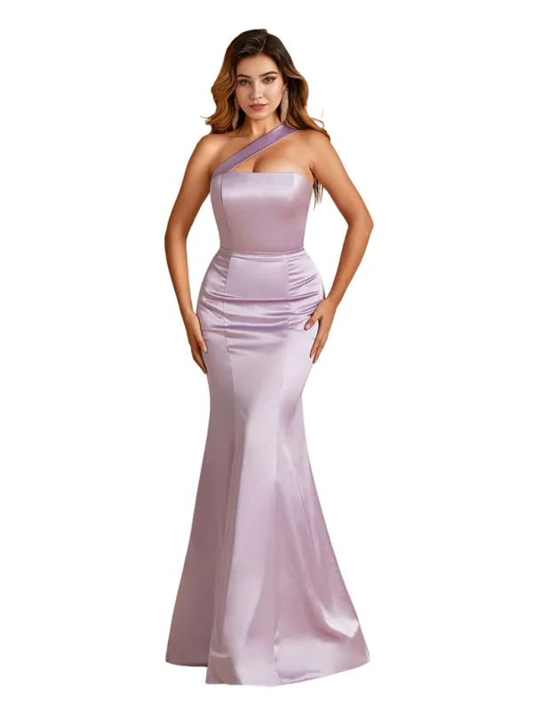 Sexy One Shoulder Simple Mermaid Soft Satin Long Bridesmaid Dresses Online sold by ChicSew