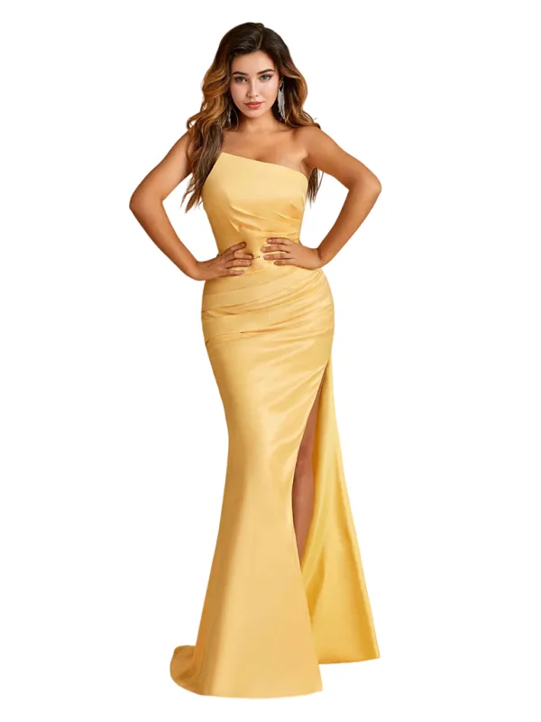Sexy Strapless Soft Satin Mermaid Side Slit Long Bridesmaid Dresses Online sold by ChicSew