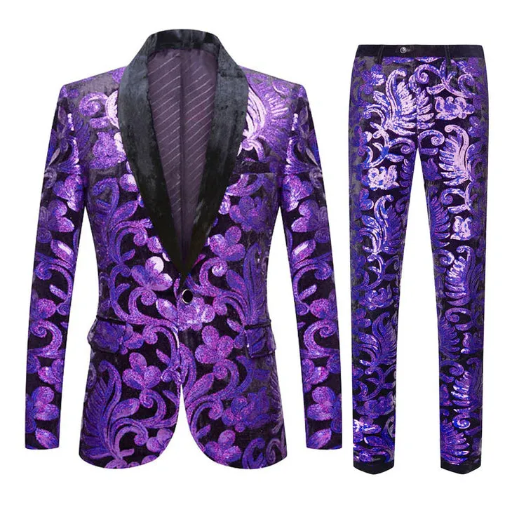 Men's 2-Piece Sequin Floral Embroidery Shawl Collar Tuxedo 5 Color CN418 sold by ChicSew product image thumbnail 3