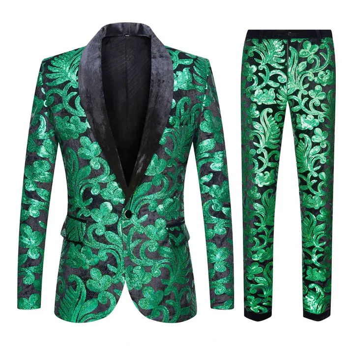 Men's 2-Piece Sequin Floral Embroidery Shawl Collar Tuxedo 5 Color CN418 sold by ChicSew product image thumbnail 4
