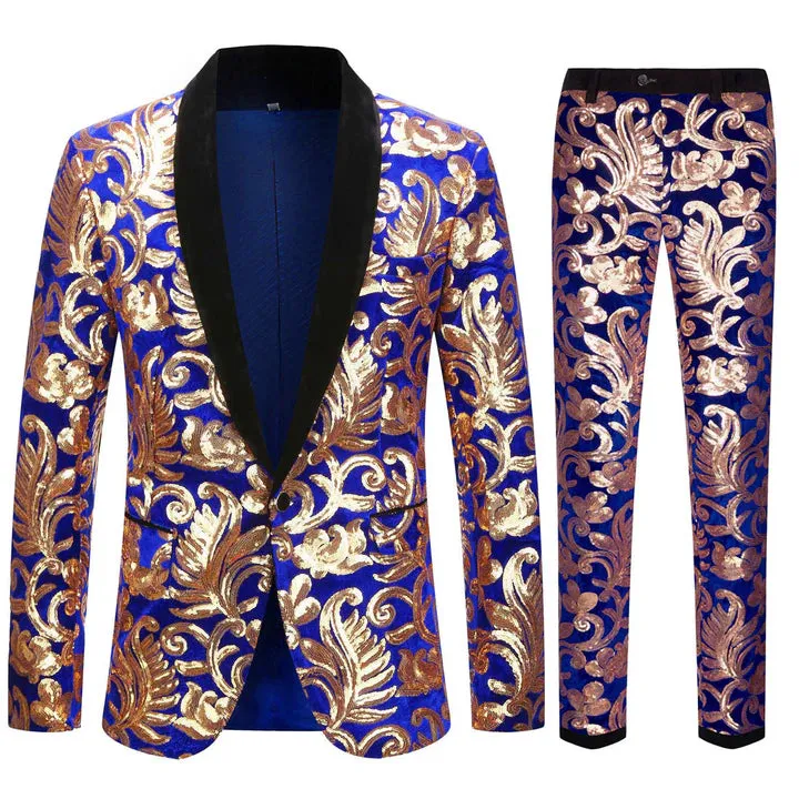 Men's 2-Piece Sequin Floral Embroidery Shawl Collar Tuxedo 5 Color CN418 sold by ChicSew product image thumbnail 2