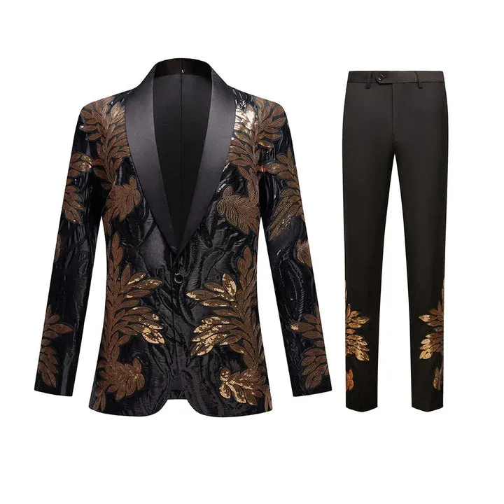 Men's 2-Piece Slim Fit Sequin Golden Leaves Embroidery Tuxedo CN415 sold by ChicSew