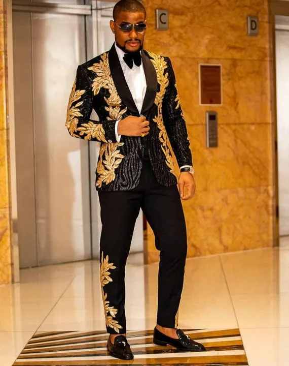 Men's 2-Piece Slim Fit Sequin Golden Leaves Embroidery Tuxedo CN415 sold by ChicSew product image thumbnail 2
