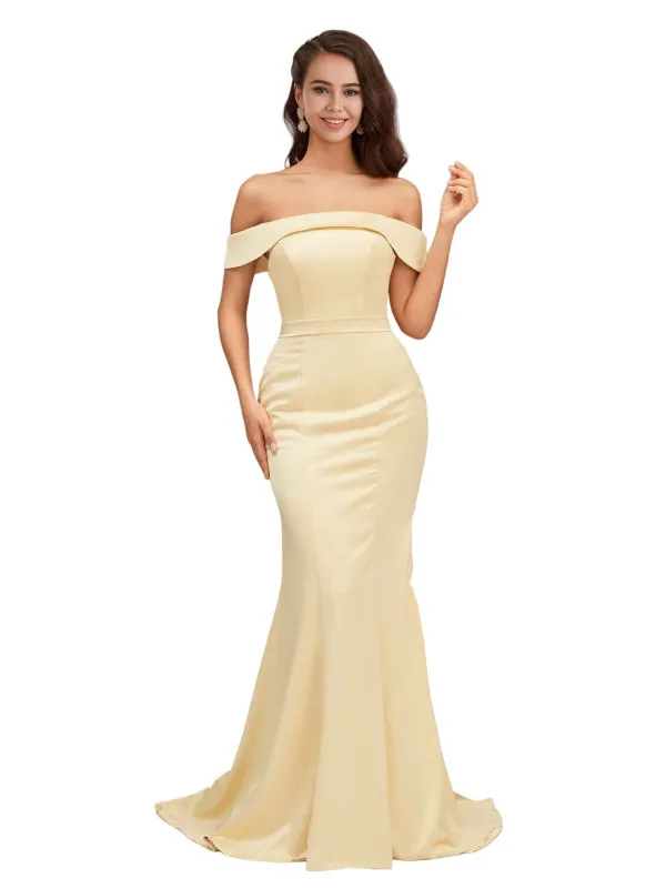 Elegant Off The Shoulder Soft Satin Simple Mermaid Long Bridesmaid Dresses Online sold by ChicSew
