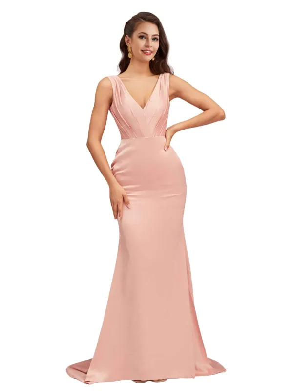 Elegant V-Neck Soft Satin Mermaid Long Bridesmaid Dresses Online sold by ChicSew