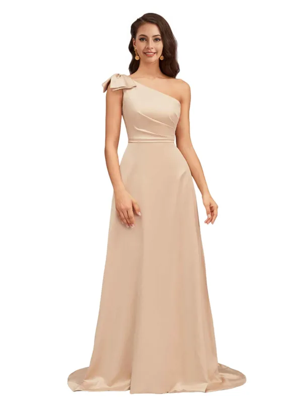 Elegant One Shoulder Asymmetric Soft Satin A-Line Long Bridesmaid Dresses sold by ChicSew