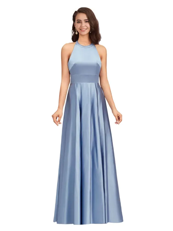 Elegant Halter Soft Satin A-Line Long Bridesmaid Dresses Online sold by ChicSew