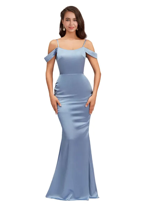 Sexy Cold Shoulder Soft Satin Mermaid Long Bridesmaid Dresses Online sold by ChicSew